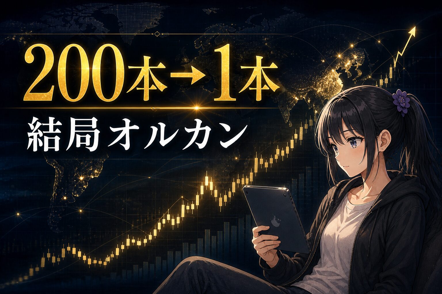 月城ミオが世界地図と株価チャートを背に、つみたてNISA200本→1本の絞り込み結論を提示するアイキャッチ