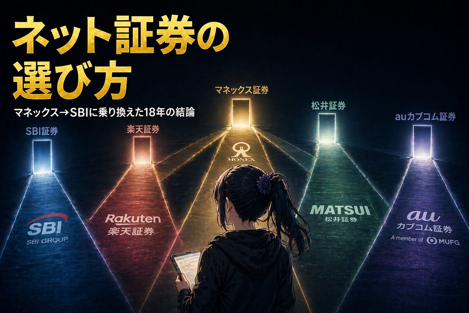 ネット証券の選び方を解説する記事のアイキャッチ。月城ミオが5本の道（5社の選択肢）の前に立ち、左側に「ネット証券の選び方 — マネックス→SBIに乗り換えた18年の結論」のキャッチコピーを配置。