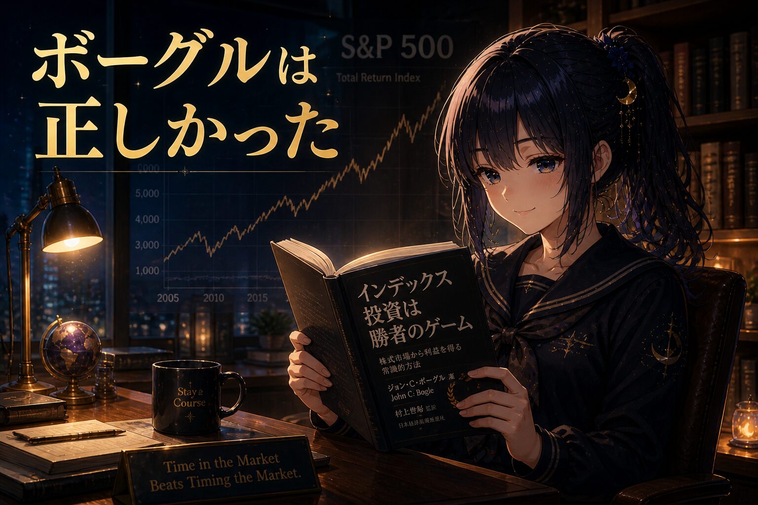 『インデックス投資は勝者のゲーム』を書斎で読む月城ミオ