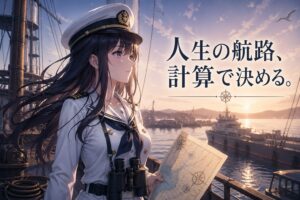 資産運用の出口戦略解説記事のアイキャッチ。早朝の港を背景に、白×紺の艦長スタイルで佇む月城ミオと、コピー「人生の航路、計算で決める。」