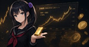 月城ミオが落ち着いた表情で金塊を手のひらに乗せ、背景に金価格チャートが浮かぶ。サクっと純金を選んだ投資歴18年ヒロポソの結論を象徴するアイキャッチ画像。