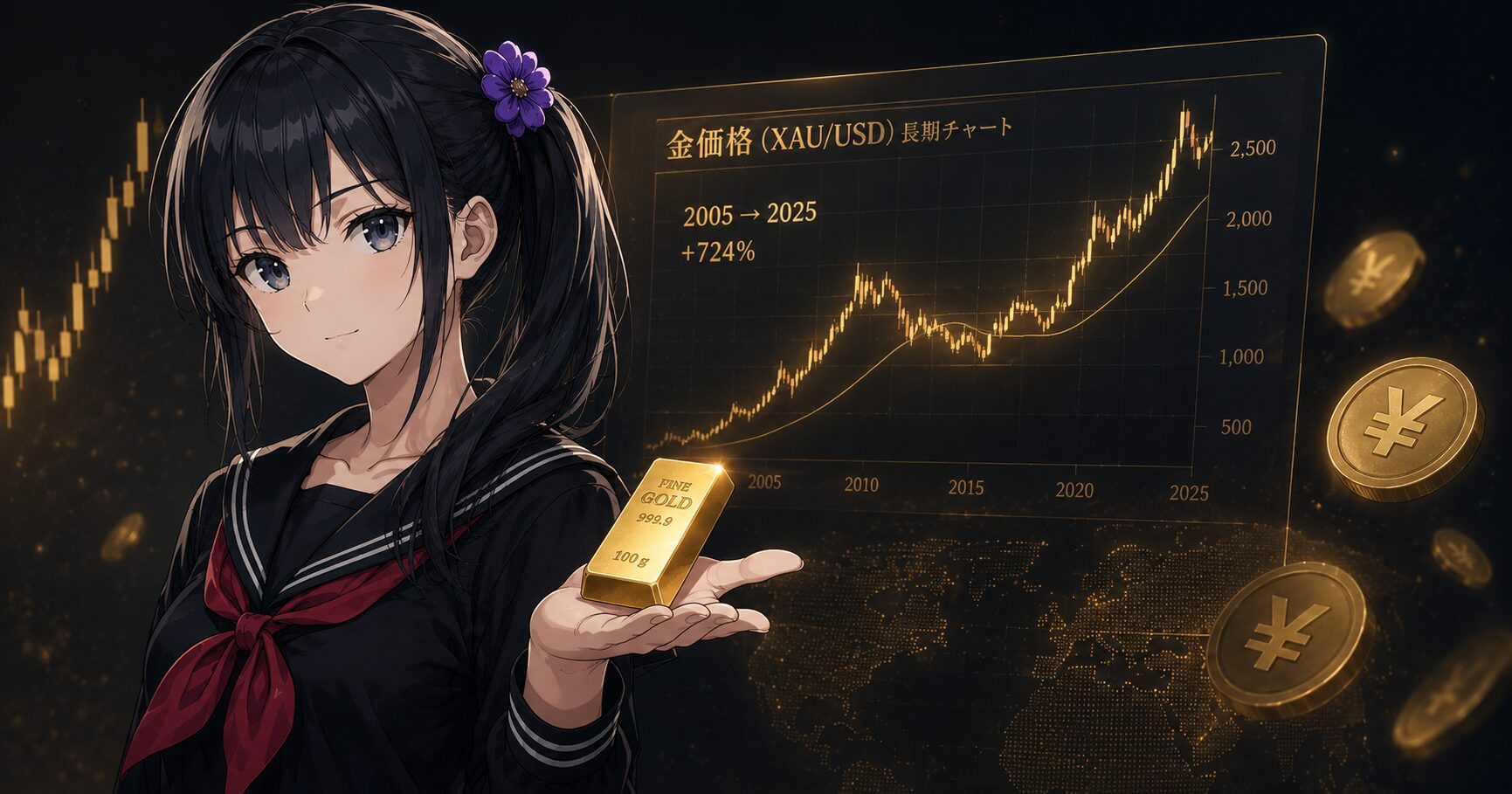 月城ミオが落ち着いた表情で金塊を手のひらに乗せ、背景に金価格チャートが浮かぶ。サクっと純金を選んだ投資歴18年ヒロポソの結論を象徴するアイキャッチ画像。