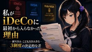 セーラー服姿の月城ミオが3つの非課税制度パネル(iDeCo・NISA・こどもNISA)の前で書類を確認している、制度比較記事のアイキャッチ画像