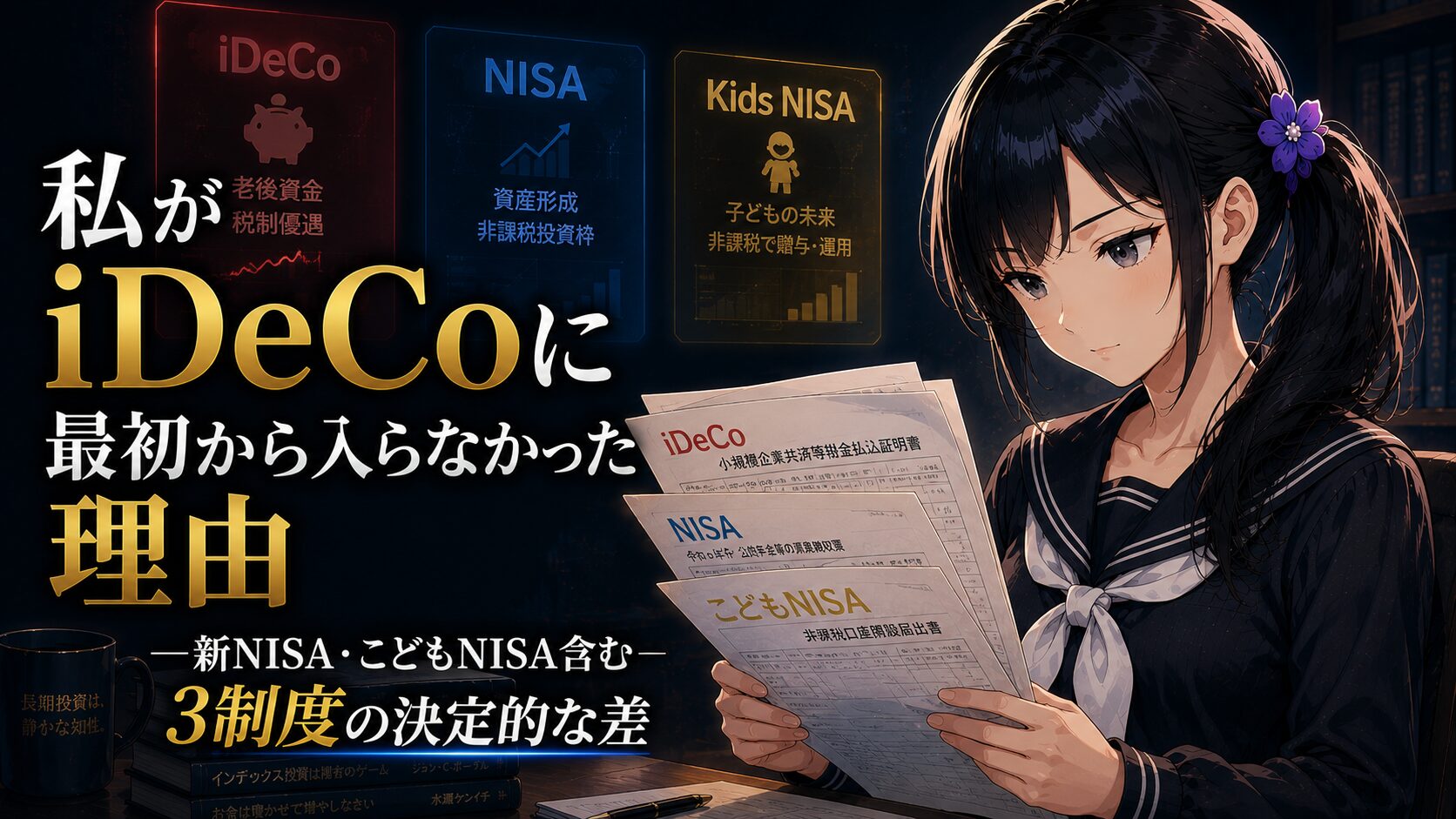 セーラー服姿の月城ミオが3つの非課税制度パネル(iDeCo・NISA・こどもNISA)の前で書類を確認している、制度比較記事のアイキャッチ画像