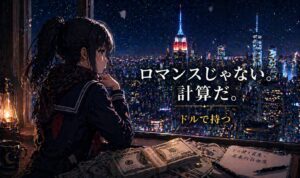 VOO（バンガードS&P500ETF）解説記事のアイキャッチ。夜明けのマンハッタンを背景に佇む月城ミオとコピー「ロマンスじゃない。計算だ。