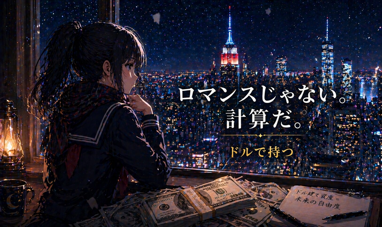 VOO（バンガードS&P500ETF）解説記事のアイキャッチ。夜明けのマンハッタンを背景に佇む月城ミオとコピー「ロマンスじゃない。計算だ。