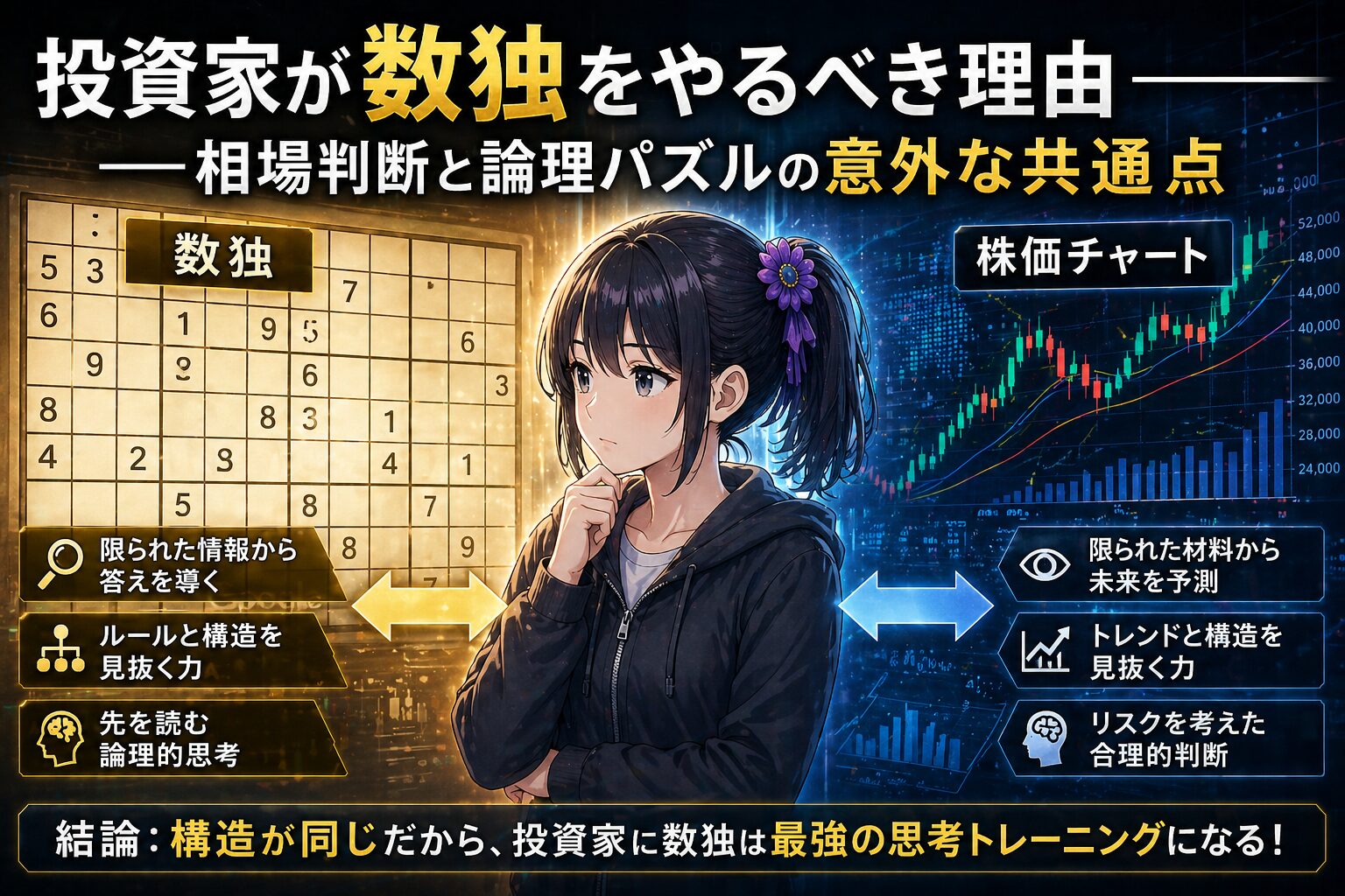数独の盤面と株価チャートを見比べる月城ミオ——投資判断と数独パズルの論理構造の共通点を表すイメージ