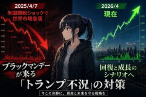 2025年4月の急落チャートと2026年4月の回復チャートを見比べる月城ミオ——トランプ関税ショック1年検証のイメージ