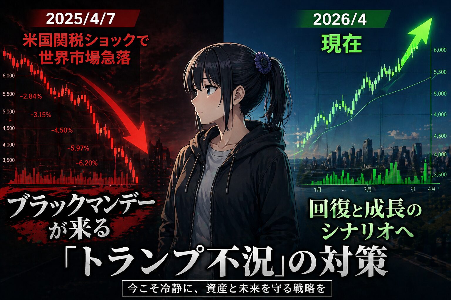 2025年4月の急落チャートと2026年4月の回復チャートを見比べる月城ミオ——トランプ関税ショック1年検証のイメージ