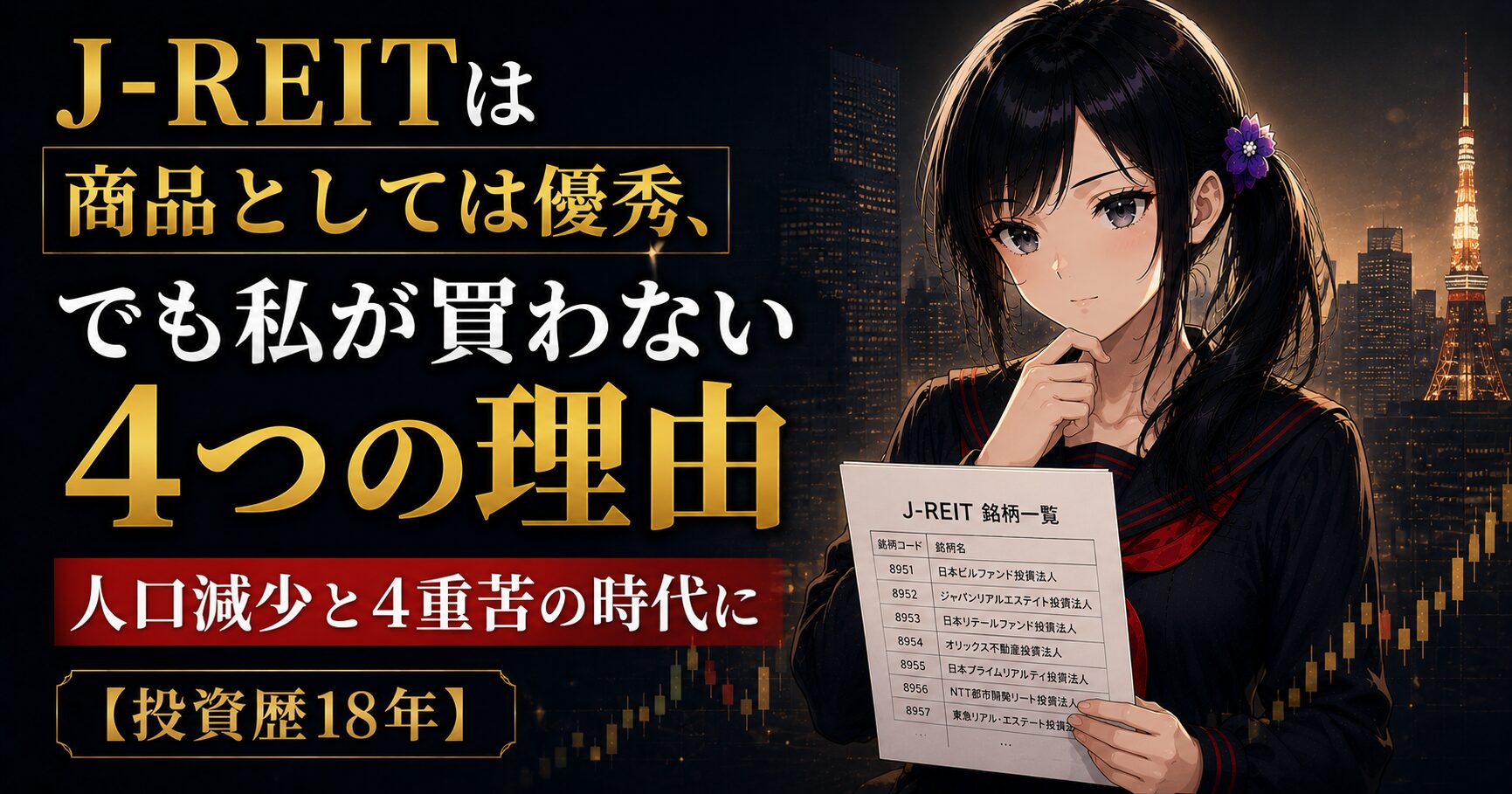 月城ミオがJ-REIT(日本版不動産投資信託)の構成銘柄リストを手にし、考え込む様子。背景は東京のオフィス街と相場チャートのシルエット。投資歴18年の慎重な判断を表現