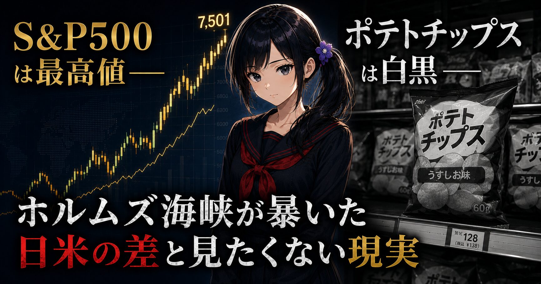 米国S&P500の上昇チャートと白黒印刷のポテトチップス袋を並べた構図で、ホルムズ海峡封鎖が暴いた日米経済の乖離を示すアイキャッチ画像