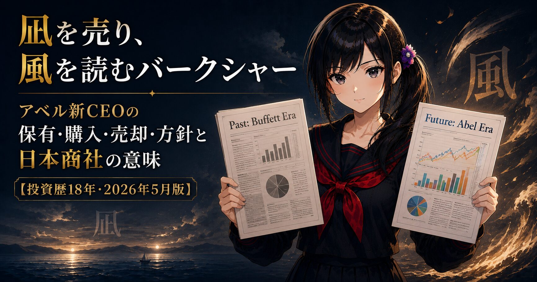 月城ミオがバークシャー・ハサウェイの13F資料を両手に持ち、左に「過去:バフェット時代」グレースケール、右に「未来:アベル時代」カラーの対比図を提示する投資解説アイキャッチ