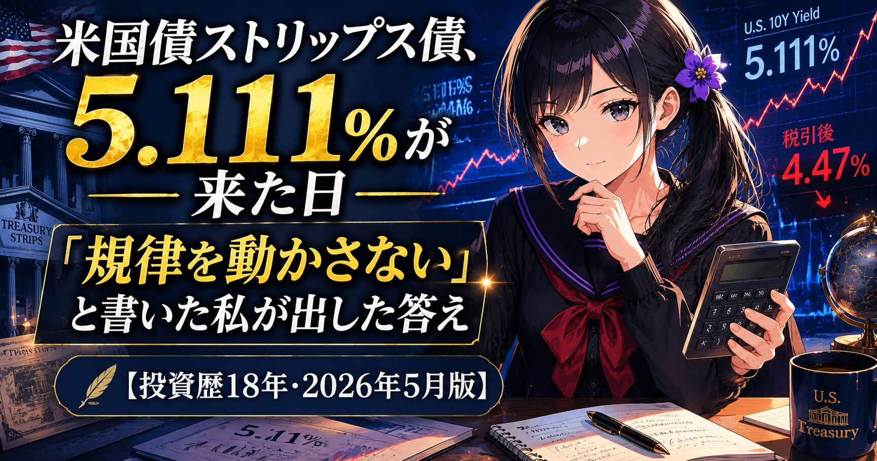 黒いセーラー服の月城ミオが電卓を手に、米国債ストリップス債の表面利回り5.111%と税引後4.47%を見比べている。税引後で投資判断する規律をテーマにしたアイキャッチ。