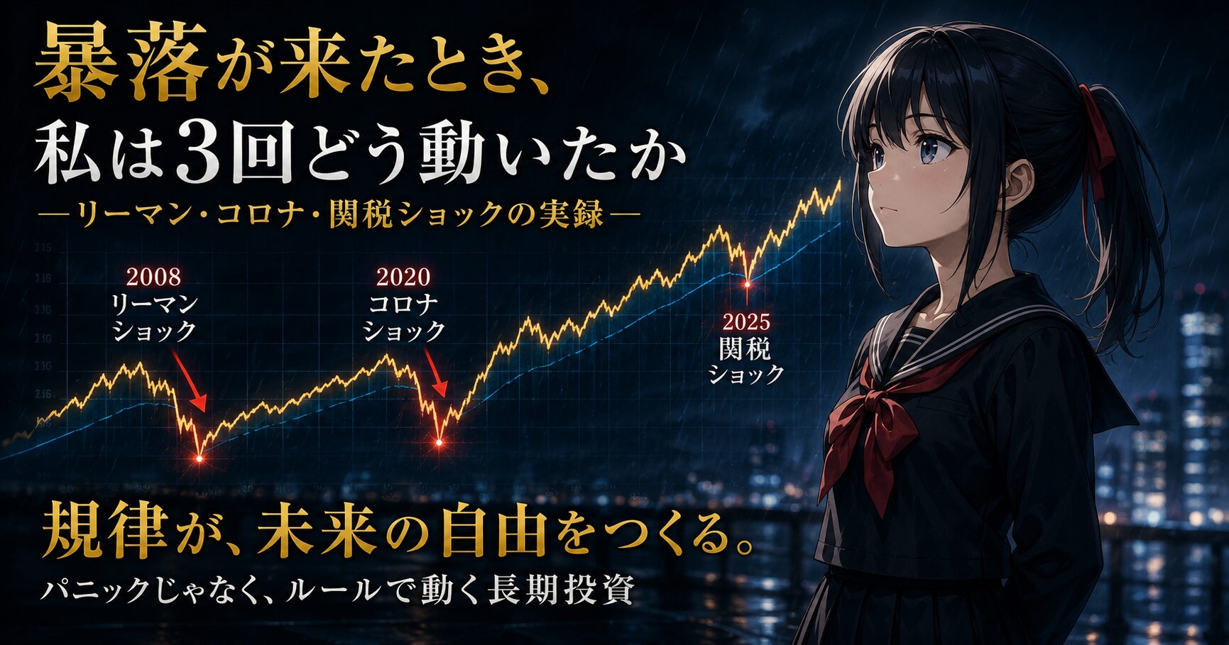 :黒セーラー服に赤リボンの月城ミオが、リーマン・コロナ・関税ショックの3回の暴落と回復を描いた折れ線チャートの前に静かに立っている。規律ある長期投資家の冷静な雰囲気.