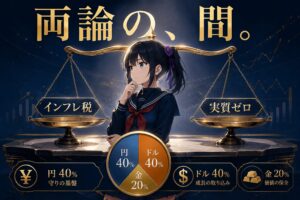 日本の借金両論の天秤と、確率的にマシな配分40-40-20を示す円グラフ