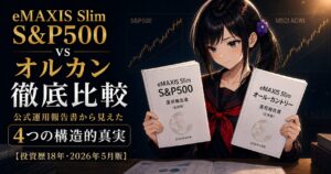 月城ミオが両手にスリムS&P500とオルカンの運用報告書を持ち、データを比較する構図。背景にはS&P500とMSCI ACWIの2本のチャートシルエット。冷静・知的・誠実なトーンで一次資料に基づいた比較を表現。