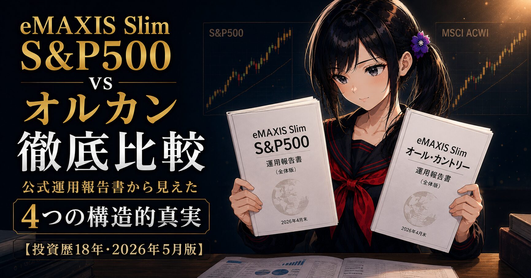 月城ミオが両手にスリムS&P500とオルカンの運用報告書を持ち、データを比較する構図。背景にはS&P500とMSCI ACWIの2本のチャートシルエット。冷静・知的・誠実なトーンで一次資料に基づいた比較を表現。