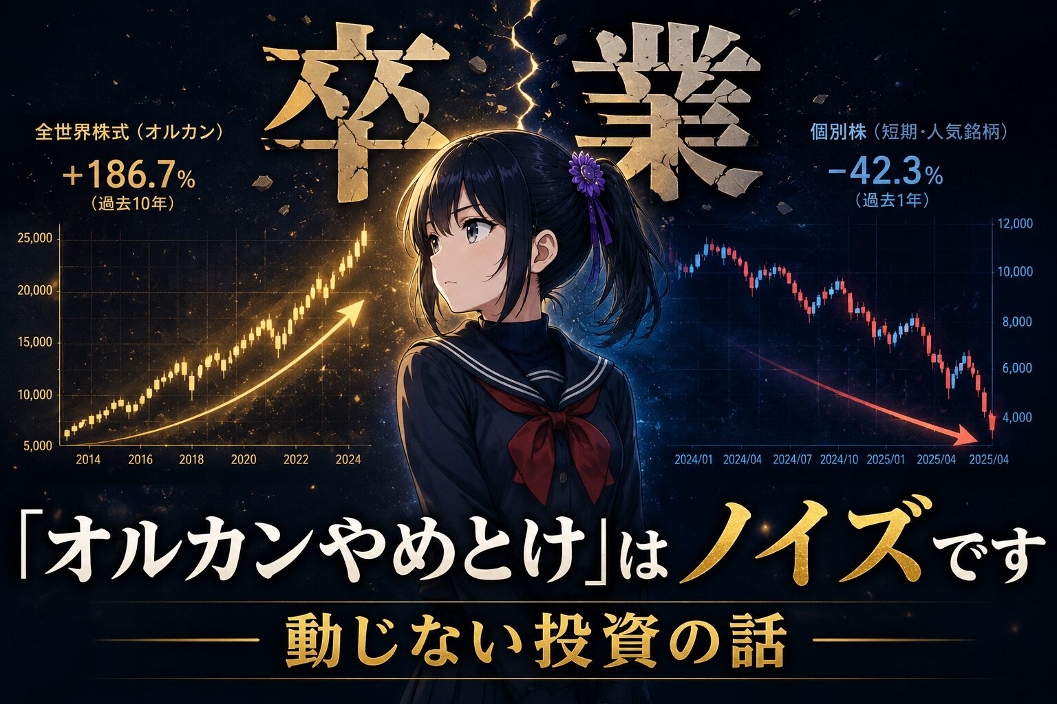 「『オルカンやめとけ』論はノイズと示すサムネイル — 長期チャートと下落ノイズの対比図」