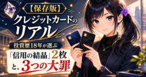 黒タートルネック＋ジャケット姿の月城ミオが、ダークネイビーと黒のシンプルな銀行系クレジットカード2枚を胸の前で示し、ポイント還元より「信用の結晶」を選ぶ投資家視点のクレカ選びを冷静に解説するアイキャッチ画像