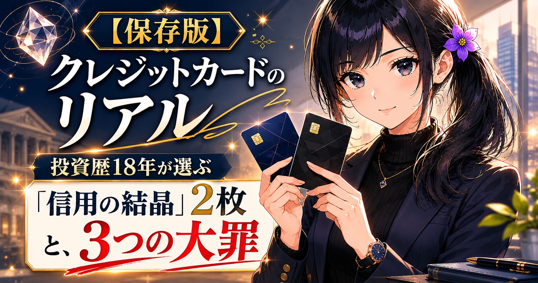 黒タートルネック＋ジャケット姿の月城ミオが、ダークネイビーと黒のシンプルな銀行系クレジットカード2枚を胸の前で示し、ポイント還元より「信用の結晶」を選ぶ投資家視点のクレカ選びを冷静に解説するアイキャッチ画像