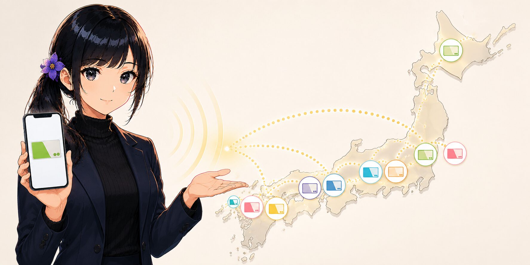 黒タートルネック+ジャケット姿の月城ミオが、モバイルSuicaを表示したスマートフォンを手に、日本地図上の10種類の交通系ICカード(Suica/PASMO/ICOCA/TOICA等)が全国相互利用できる仕組みを解説する図解イラスト