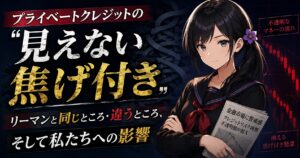 黒いセーラー服姿の月城ミオが、暗い紺色を背景に下落する赤いローソク足チャートの前で冷静に立つ、プライベートクレジット問題とリーマンショックを解説する記事のアイキャッチ画像。