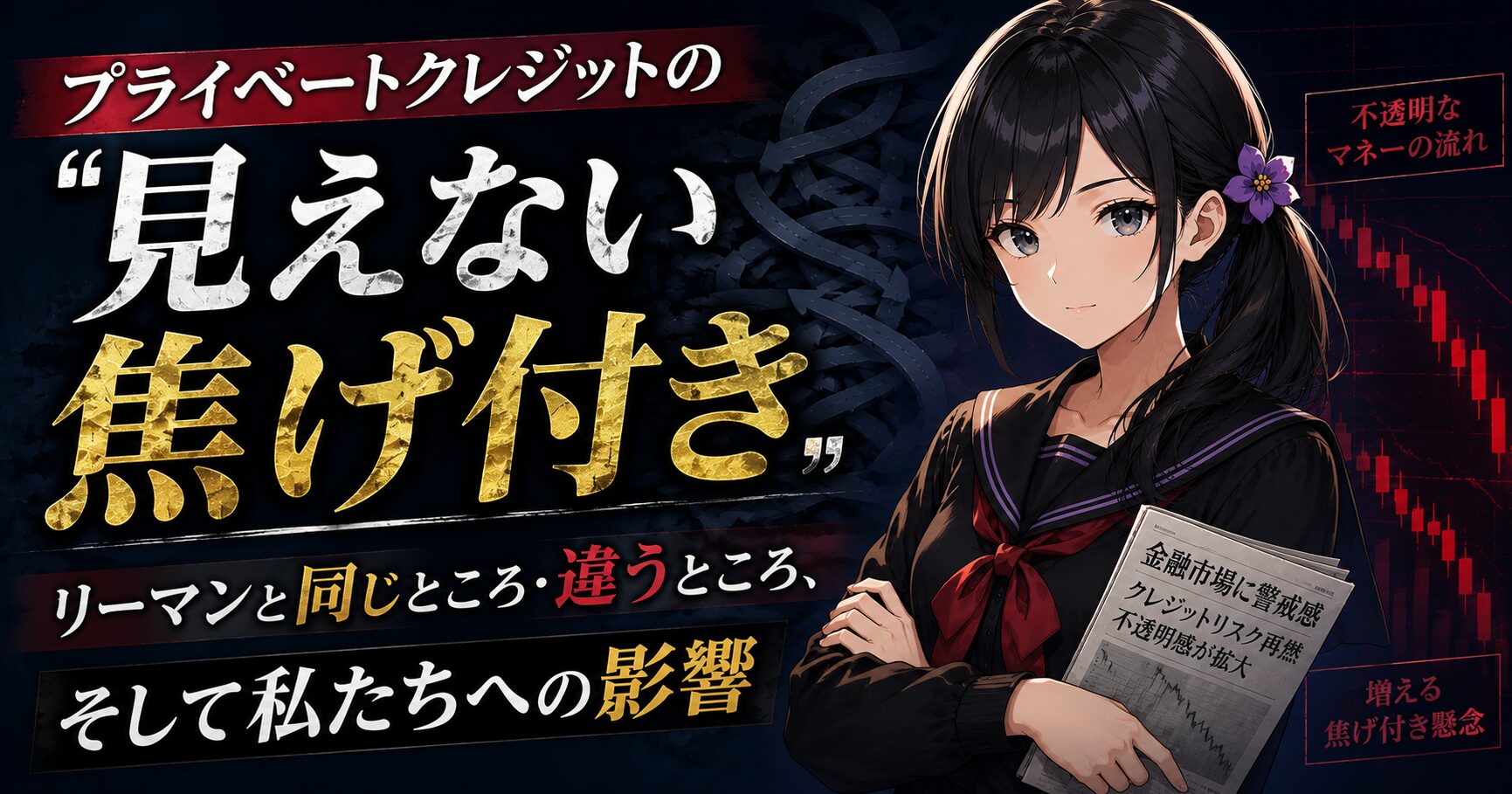 黒いセーラー服姿の月城ミオが、暗い紺色を背景に下落する赤いローソク足チャートの前で冷静に立つ、プライベートクレジット問題とリーマンショックを解説する記事のアイキャッチ画像。