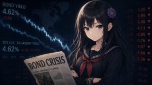 ダイモンの債券危機警告を冷静に見つめる月城ミオの立ち姿。落下する債券チャートを背景に、「BOND CRISIS」の見出しの新聞を持つ