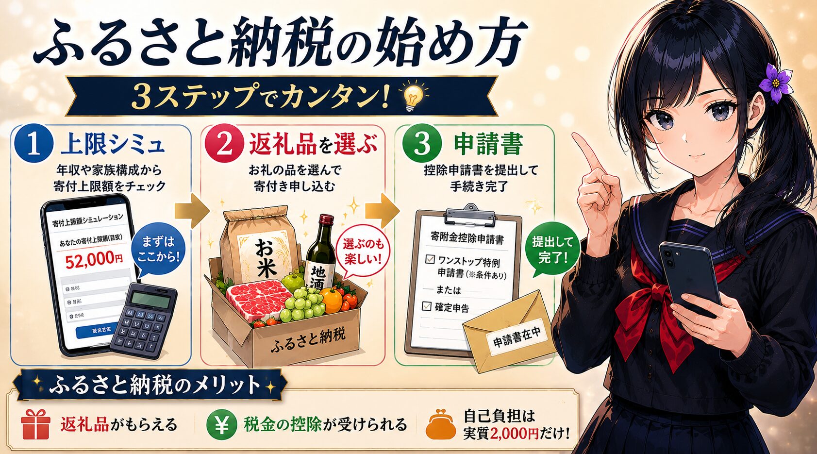 ふるさと納税の始め方3ステップの図解。①年収・家族構成から上限額をシミュレーション②返礼品を選ぶ③ワンストップ特例または確定申告で申請、という流れを月城ミオが案内するインフォグラフィック