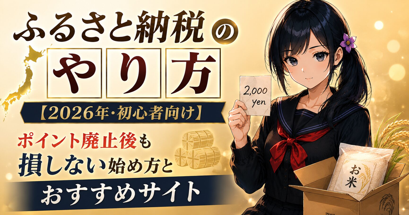 黒いセーラー服の月城ミオが、お米の段ボール箱の横で「2,000円」のメモを手に微笑み、ふるさと納税が実質2,000円でお得に始められることを伝えるアイキャッチ画像
