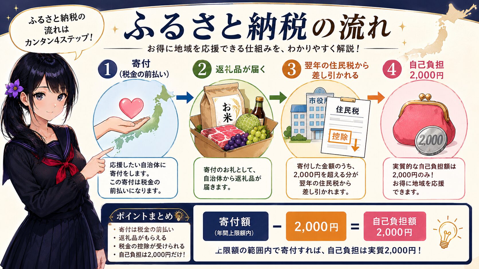 ふるさと納税の流れを4ステップで図解。①応援したい自治体に寄付（税金の前払い）②返礼品が届く③翌年の住民税から差し引かれる④自己負担は実質2,000円、という仕組みを月城ミオが解説するインフォグラフィック