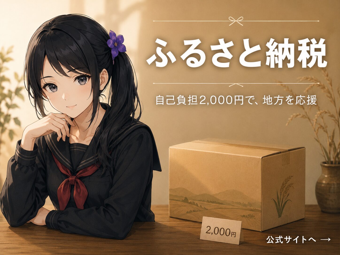 楽天ふるさと納税：自己負担2,000円で地方を応援、月城ミオが解説する制度のCTAバナー