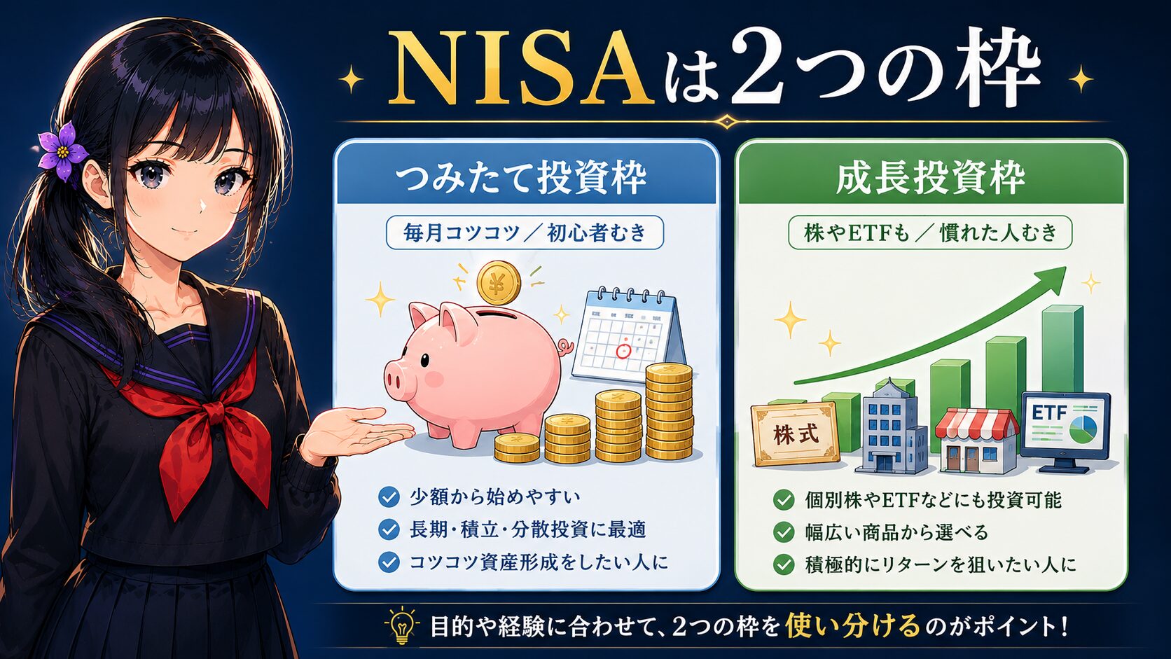 NISAの2つの枠を月城ミオが解説する挿絵。左が毎月コツコツの「つみたて投資枠(初心者向け・少額から・長期積立に最適)」、右が株やETFも買える「成長投資枠(慣れた人向け・幅広い商品)」の対比図。