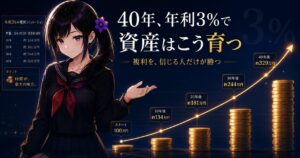 右サイドポニーテールに紫の花飾りの月城ミオが、40年で右肩上がりに伸びる資産チャートを指し示すアドバイザーズ・アルファ記事のアイキャッチ