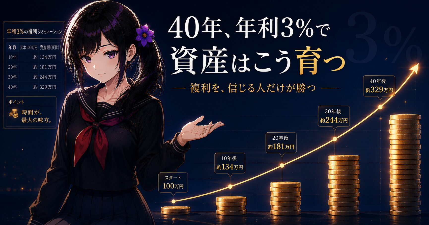 右サイドポニーテールに紫の花飾りの月城ミオが、40年で右肩上がりに伸びる資産チャートを指し示すアドバイザーズ・アルファ記事のアイキャッチ