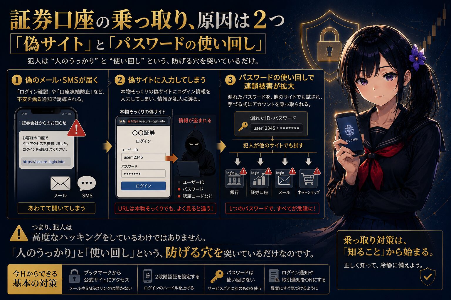証券口座乗っ取りの2大原因を図解。偽サイトへのID・パスワード入力と、パスワードの使い回しで連鎖的に乗っ取られる流れを3ステップで示し、月城ミオが今日からできる基本対策を案内するインフォグラフィック。