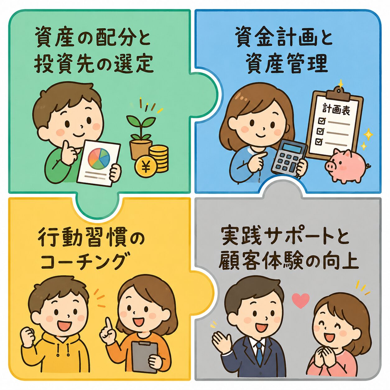 アドバイザーズ・アルファの付加価値を、資産配分・資金計画・行動コーチング・実践サポートの4領域に分けて示したパズル型のイラスト。投資初心者向けの解説図