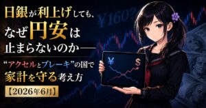 セーラー服姿の月城ミオが、円安（¥下落）とドル高（$上昇）のチャートを表示したタブレットを示す図。2026年6月の日銀利上げと円安、家計を守る考え方を解説する記事のアイキャッチ。