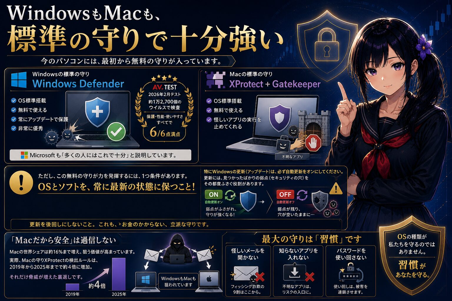 WindowsのDefenderとMacのXProtect＋Gatekeeperという無料の標準セキュリティが十分強いことを図解。AV-TESTで6点満点、OSの自動更新をオンにする重要性、Macも過信は禁物、最大の守りは習慣であることを月城ミオが解説するインフォグラフィック。