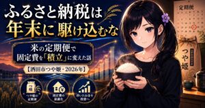 炊きたての白いご飯のお茶碗を持つ黒セーターの月城ミオ。ふるさと納税の米の定期便で固定費を積立に変える記事のアイキャッチ（酒田市つや姫・2026年）