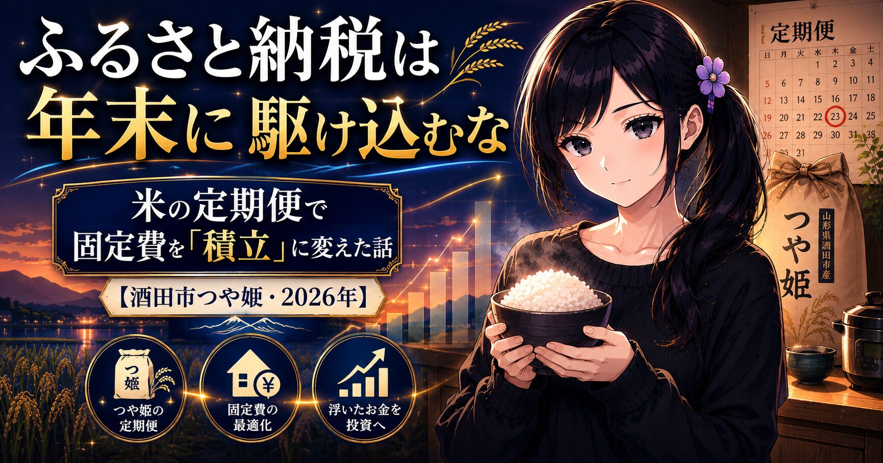 炊きたての白いご飯のお茶碗を持つ黒セーターの月城ミオ。ふるさと納税の米の定期便で固定費を積立に変える記事のアイキャッチ（酒田市つや姫・2026年）