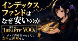 手のひらに小さなミニチュア商店街を載せて見つめる月城ミオ。インデックスファンドの安さの仕組み＝市場の縮小コピーを象徴するアイキャッチ