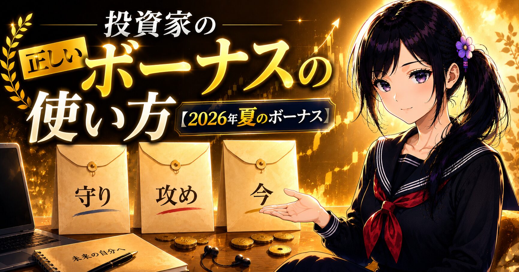 夏のボーナスを「守り・攻め・今」の3つの封筒に分ける考え方を示す月城ミオのイメージ画像。投資家のボーナスの使い方を解説。