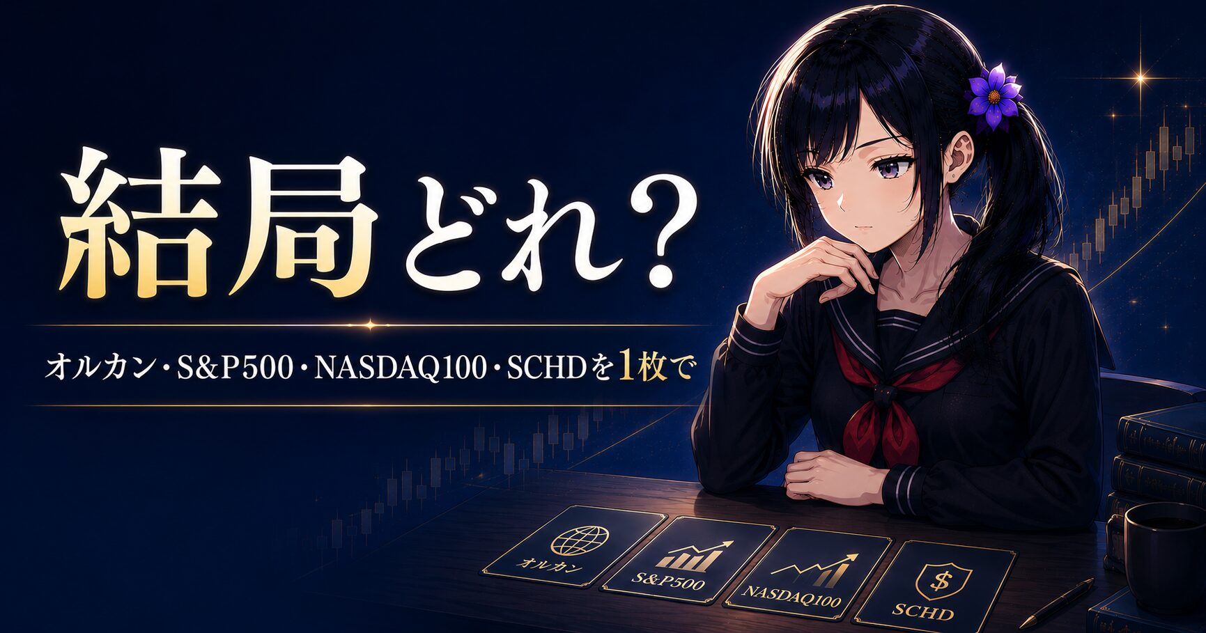 黒いセーラー服の月城ミオが、新NISAの投資信託オルカン・S&P500・NASDAQ100・SCHDの選択肢を前に、どれを選ぶか冷静に見比べている。3つの質問で1本を選ぶ比較ガイドのアイキャッチ画像。