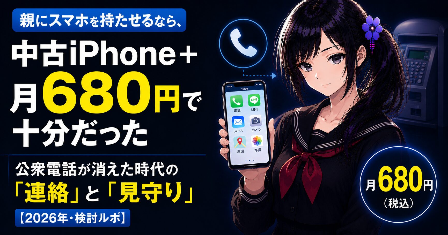 黒いセーラー服の月城ミオが、電話・LINE・地図など大きなアイコンのホーム画面のスマホを手に持つイラスト。背景に公衆電話と「月680円（税込）」の文字。親に持たせる中古iPhoneと格安SIMの検討記事のアイキャッチ。