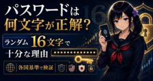 紺色の背景で金色の鍵と伏字のパスワードを背に、指紋認証のスマホを持つ冷静な表情の月城ミオ。ランダム16文字のパスワードと各国基準を初心者向けに解説する記事のアイキャッチ画像。