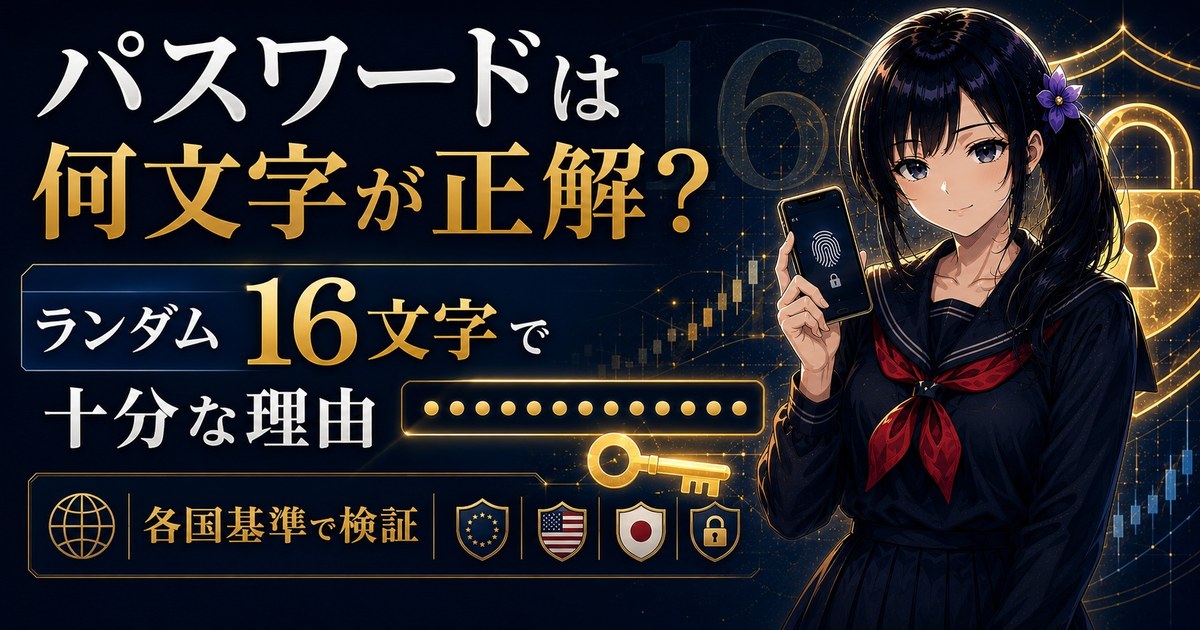 紺色の背景で金色の鍵と伏字のパスワードを背に、指紋認証のスマホを持つ冷静な表情の月城ミオ。ランダム16文字のパスワードと各国基準を初心者向けに解説する記事のアイキャッチ画像。