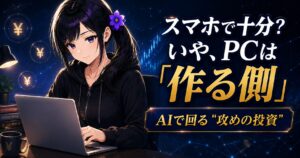 ノートパソコンに手を添える黒パーカーの月城ミオ。AIで「作る側」に回るパソコンの必要性と選び方を解説する記事のアイキャッチ