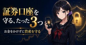 紺色の背景に金色の南京錠と盾、指紋認証のスマホを手にした月城ミオ。証券口座の乗っ取りからお金をかけずに資産を守る3つの習慣を象徴したアイキャッチ画像。