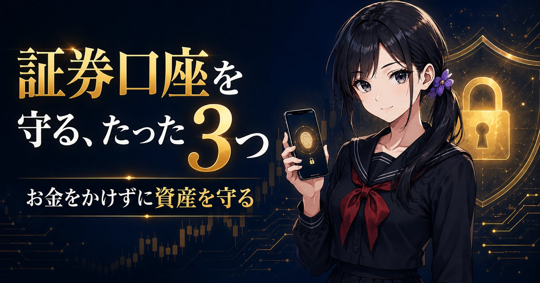 紺色の背景に金色の南京錠と盾、指紋認証のスマホを手にした月城ミオ。証券口座の乗っ取りからお金をかけずに資産を守る3つの習慣を象徴したアイキャッチ画像。
